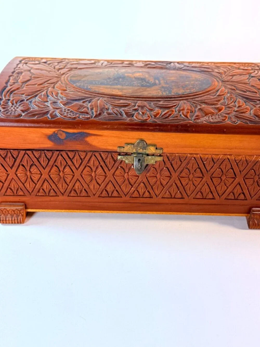 Vintage Wooden Keepsake Box w/ Mirror Floral Carved Jewelry Trinket Storage Box
